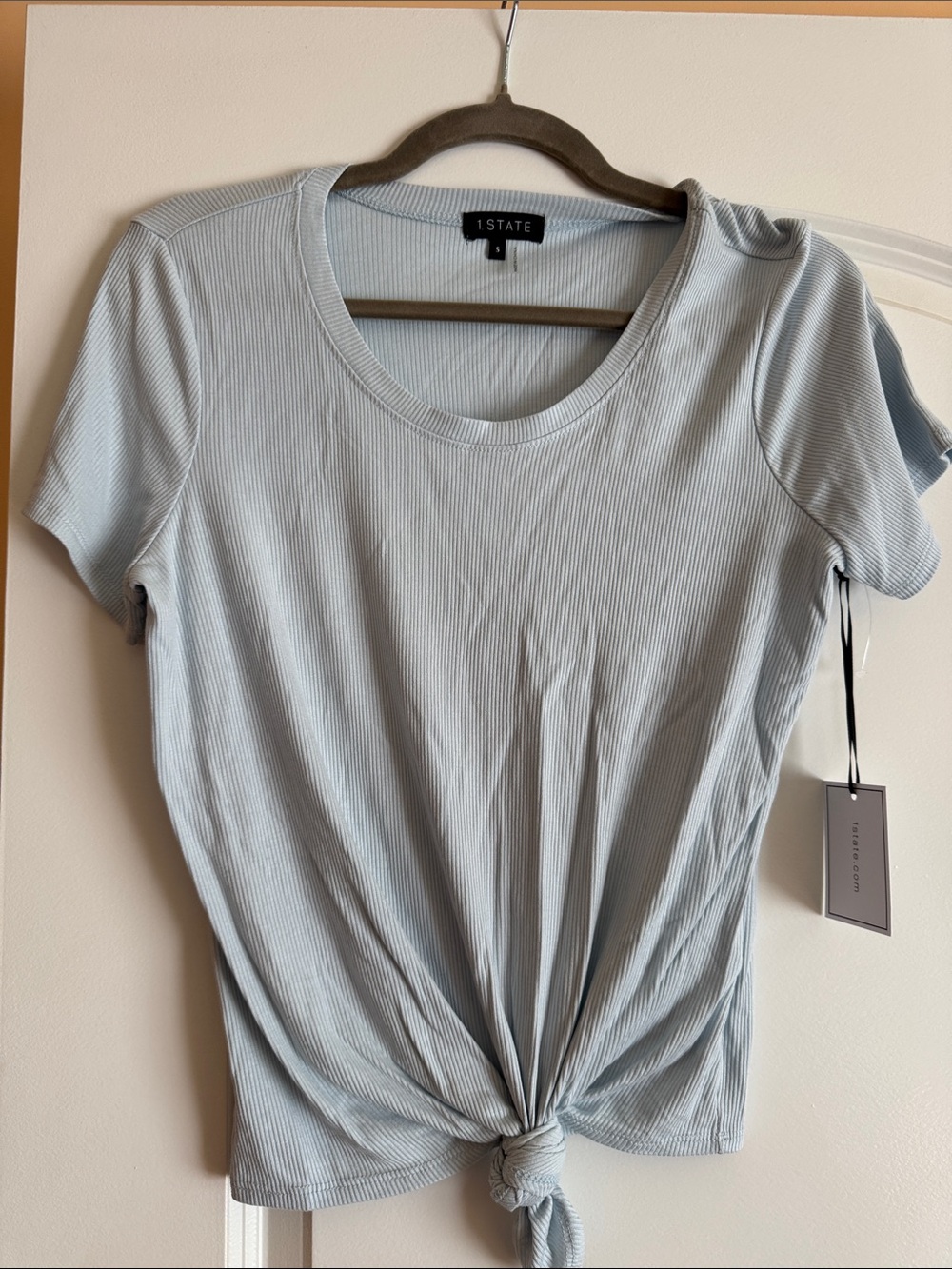 1. State Ribbed Tie-Front Short Sleeve Tee in Light Blue